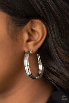 Etched in a shimmery linear pattern, a thick silver hoop curls around the ear for some classic edge. Earring attaches to a standard post fitting. Hoop measures approximately 2" in diameter. Sold as one pair of hoop earrings. Thick Gold Hoops, Thick Hoop Earrings, Nickel Free Jewelry, Linear Pattern, The Ear, Paparazzi Accessories, Jewelry Photography, Pretty Earrings, Copper Earrings