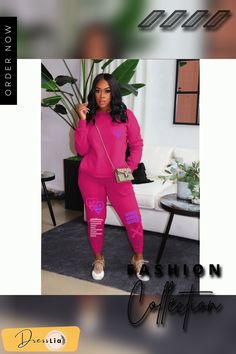 Casual Long Sleeve Sweatshirt Plus Size Pants Set Pink Crew Neck Sets For Winter, Casual Matching Set For Winter, Casual Long Sleeve Matching Set, Casual Winter Set, Casual Long Sleeve Bottoms Matching Set, Casual Matching Set Tops For Fall, Casual Winter Matching Set, Casual Tops For Coming Home Outfit In Fall, Leisure Pants With Letter Print For Fall