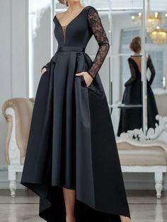 A-Line Evening Gown Black Dress Vintage Halloween Wedding Guest Asymmetrical Long Sleeve V Neck Satin with Pleats Lace Insert 2024 2024 - $145.99 Black Lace Evening Dress, Sukienki Plus Size, High Low Prom Dresses, Prom Dresses With Pockets, V Neck Prom Dresses, Evening Dresses Online, Satin Cocktail Dress, Cheap Evening Dresses, Vintage Black Dress