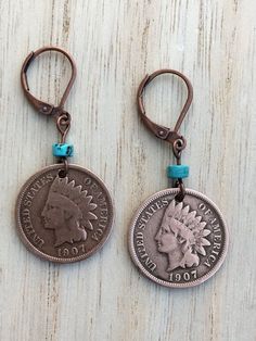 Vintage Indian Head Penny Earrings 1907 Copper Earrings with | Etsy Penny Earrings, Penny Jewelry, Copper And Turquoise, Coin Pendant Necklace, Southwest Jewelry, Indian Head, Authentic Indian, Message Jewelry, Vintage Indian