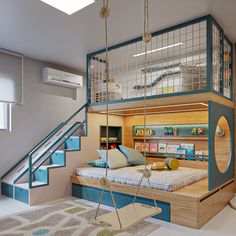 a room with a bed, desk and stairs in the middle is decorated like a child's bedroom