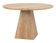 a round wooden table sitting on top of a white floor