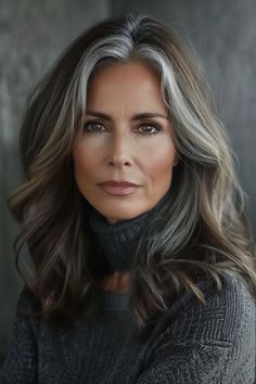 Hair Ideas For Gray Hair, Hair Color Ideas For Transitioning To Gray, Brown Hair With Silver Highlights Gray, Hair With Gray Streak, Transitioning To Grey Hair From Brunette With Highlights, Blend In Gray Hair Highlights, Hair Color Ideas For Brunettes Going Grey, Graying Blonde Hair, Gray Hair With Dark Underneath