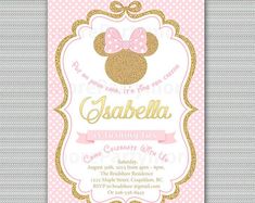 a pink and gold minnie mouse birthday party invitation with polka dots, bows and glitter