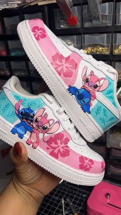 Character custom af1s Everything Stitch, Stitch Tennis Shoes, Stitch And Angel Shoes, Stitch Nike Shoes, Custom Spiderman Shoes, Stitch Jordans, Stitch Af1, Cute Stitch Stuff, Custom Af1 Ideas