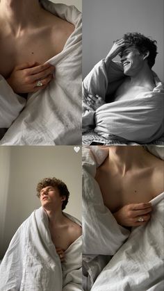 three pictures of a man wrapped in a blanket and sleeping on the bed with his eyes closed