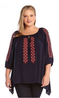 PLUS SIZE RED WHITE AND BLUE EMBROIDERED TIE PEASANT HANDKERCHIEF HEM TOP #Plus_Size #Red #White #Blue #Peasant Handkerchief #Hem #Top #Resort #Fashion #Karen_Kane Plus Size Navy, Boho Plus Size, Embroidered Tie, Embroidered Handkerchief, Plus Size Models