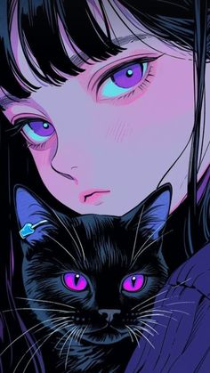 a woman holding a black cat in her arms with blue and pink eyes on it