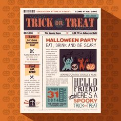 a halloween party flyer for trick or treat with pumpkins, ghost and other items