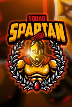 the logo for squad spartan is shown in yellow and orange colors with an image of a man