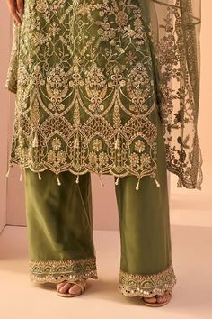 Dusty green kurta with sequin, stone, zari, thread embroidery in mughal pattern. Paired with palazzo and scallop border embroidered dupatta. - Aza Fashions Mughal Pattern, Kurta Palazzo Set, Net Embroidery, Scallop Border, Dusty Green, Palazzo Set, Embroidered Dupatta, Thread Embroidery, Fashion App