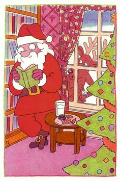 a santa claus reading a book in front of a christmas tree