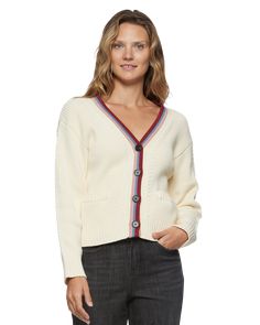 You and our Waverly Color-Tipped Cardigan are destined to cozy up together this fall! Ultra-soft cotton blend knit shapes this classic cardi that features a V-neckline and long sleeves with drop shoulders. Bold, tri-color knit, classic cable knit stitch details, and brown marbled buttons accent the relaxed silhouette before ending at the ribbed hem. Fully functional front patch pockets. Small: 20” front body length from highest point shoulder 60% Cotton | 40% Acrylic Machine wash; imported Britt Cable Knit Stitch, Knit Stitch, Tri Color, Drop Shoulder, Cable Knit, Sweaters For Women, Cotton Blend, Long Sleeves, Knitting