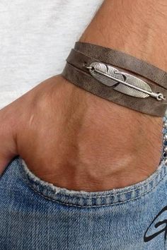 Mens Leather Jewelry, Men's Leather Bracelet, Leather Jewelry Making, Feather Bracelet, Gift Husband, Cord Jewelry, Men's Bracelet