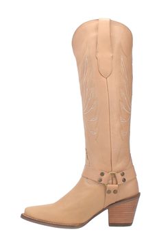 Intricate eagle-shaped stitching furthers the Western style of a knee-high boot embellished with harness straps at the ankle. 2 1/2" heel 16" shaft Removable insole Leather upper/textile lining/rubber sole Imported Leather Western Knee-high Boots With Snip Toe, Leather Snip Toe Knee-high Western Boots, Wide Calf Leather Knee-high Boots For Ranch, Western Leather Knee-high Boots For Ranch, Leather Western Knee-high Boots For Ranch, Wide Calf Snip Toe Knee-high Boots For Rodeo, Wide Calf Knee-high Boots With Snip Toe For Rodeo, Western Wide Calf Knee-high Moto Boots, Western Style Wide Calf Knee-high Moto Boots