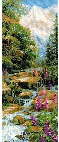 a painting of flowers and mountains in the background, with water running down it's side