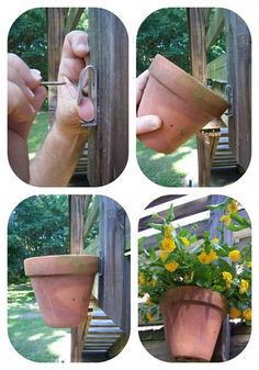 four pictures of a hand holding a planter with flowers in it and opening the door