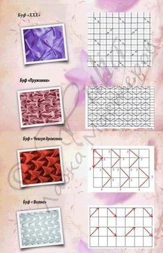 four different types of crochet stitchs on a pink and white background with the names