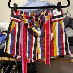 Nwt. Size 10. Extreme High Rise Striped Shorts. Bought For A Cruise And Never Wore. They Do Have Some Stretch To Them Multicolor High-waisted Cotton Shorts, Multicolor Cotton Bottoms For Day Out, Fitted Multicolor Cotton Shorts, Crochet Lace Shorts, Flowy Shorts, Tailored Shorts, Cuffed Shorts, Pleated Shorts, Mom Shorts