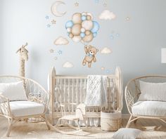 a baby's nursery room decorated in neutral colors