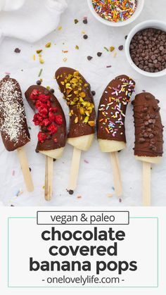 chocolate covered banana pops with sprinkles and toppings in bowls on the side