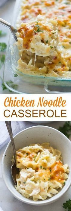 chicken noodle casserole in a glass dish