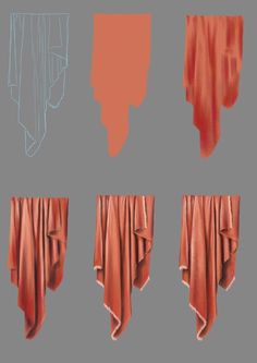 four different views of the same curtain in three different stages, each with an orange color