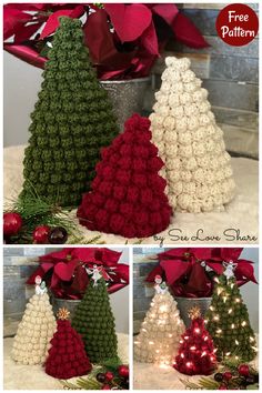 crocheted christmas trees are shown in three different colors