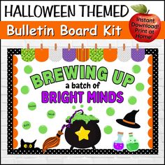 a halloween themed bulletin board kit with the words brewing up and a witches hat on it