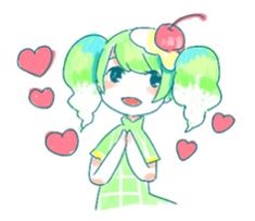 a drawing of a girl with green hair and pink hearts around her head, holding a cherry on top of her head