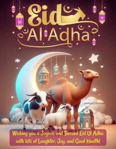 the eid al adha greeting card is decorated with arabic lanterns and sheeps