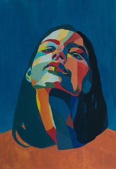 a painting of a woman's face on a blue and orange background with her hands to her chin