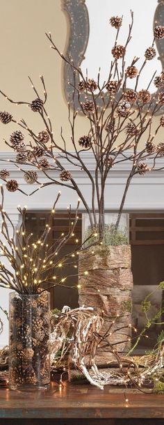 a vase filled with pine cones on top of a table