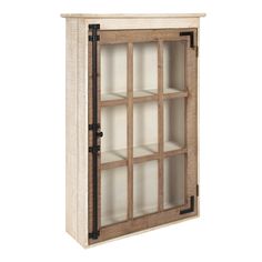 a wooden cabinet with glass doors on the front and bottom, in an unfinished finish