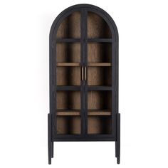 an arched wooden cabinet with glass doors on the front and bottom shelves, against a white background