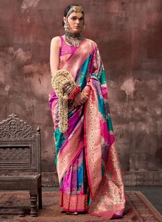 Experience the perfect blend of tradition and style with our Exclusive Multi Color Weaving Handloom Sari. This stunning sari features a beautiful handloom border and pallu, making it perfect for any Indian wedding or traditional festive occasion. Complete with a blouse, it's the ultimate choice for elegant and stylish attire. The unstitched blouse can be customized upto 44 inches. Do Note: All the accessories shown are for styling purpose only. Slight color variation may occur due to photographi Rangkat Saree, Multi Color Saree, Art Silk Sarees, Zari Work, Banarasi Saree, Organza Saree, Banarasi Sarees, Draped Fabric, Pink Silk