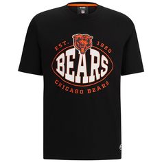 Represent your beloved Chicago Bears with the BOSS X NFL Black Chicago Bears Trap T-Shirt. This regular-fit tee features screen-printed graphics and a brand emblem near the bottom hem, proudly displaying your unwavering support for the Chicago Bears. Made from a comfortable cotton and elastane blend, this t-shirt is perfect for game days or any day you want to show off your Bears pride. Bear Trap, Black Chicago, Bear Pride, Nfl Chicago Bears, Bear T Shirt, Chicago Bears, Capsule Collection, Mens Graphic Tee, Gray Jacket