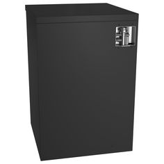 a large black box with a lock on the front and bottom part of it's door