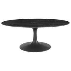 an oval table with black marble top on a white background in the shape of a tulip