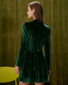 Details: - Green - Daily - Vintage & Brief - Solid Color - Hollow Out - Tie - A-Line - Stand - Long Sleeves - Mini - Slim Fit - No Stretch - 95% Polyester, 5% Spandex - Machine wash or professional dry Fabric: This Velvet Mini Dress is made of Polyester and Spandex. Polyester is an artificial fiber that feels soft, looks lustrous, and dries fast. It's also durable, with good resistance to wrinkles, stains, and sunlight. Spandex is lightweight and comfortable to wear, resistant to sweat, has Green Knee-length Mini Dress For Winter, Green Knee-length Winter Mini Dress, Green A-line Mini Dress For Winter, Green Mini Dress For Formal Winter Occasions, Green Formal Mini Dress For Winter, Cutout Mini Dress, Tailored Clothes, Vintage Slip, Velvet Mini Dress