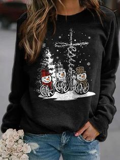 Black Casual Graphic Tops Round Neck Long Sleeve Snowman Printed Xmas Sweatshirts Holiday Attire, Graphic Tops, Women Hoodies Sweatshirts, Workout Hoodie, Print Pullover, Christmas Snowman, Pullover Sweatshirts, Christmas Sweatshirts, Casual Sweatshirt