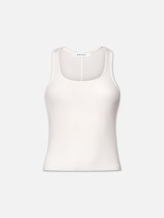 Rib Scoop Neck Tank -- White Summer Ribbed Tank Top With Scoop Back, Everyday Ribbed Camisole With Scoop Neck, Everyday Ribbed Scoop Neck Camisole, Chic Scoop Neck Seamless Tank Top, Fitted Spring Tank Top With Scoop Back, Versatile Fitted Scoop Neck Tank Top, Seamless Scoop Back Tank Top For Spring, Spring Tops With Seamless Construction And Scoop Neck, Spring Scoop Neck Top With Seamless Construction