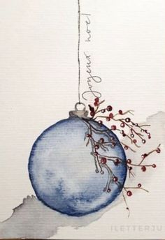 a watercolor painting of a blue ornament hanging from a branch with berries