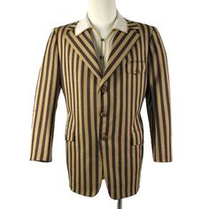 Retro Single Breasted Beige Blazer, Retro Single-breasted Beige Blazer, Retro Beige Single Breasted Blazer, Retro Beige Single-breasted Blazer, Retro Brown Sport Coat With Notch Lapel, Retro Striped Outerwear For Work, Striped Retro Outerwear For Work, Retro Brown Sport Coat For Business, Vintage Fitted Striped Outerwear