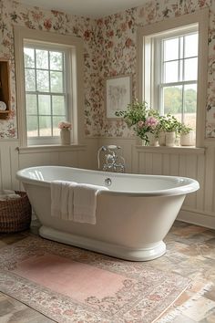 a white bath tub sitting in a bathroom next to two windows