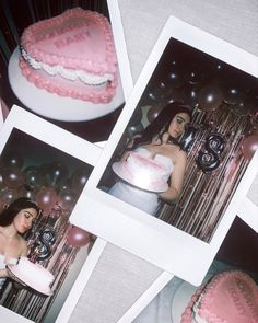 three photos of a woman holding a cake with pink frosting and decorations on it