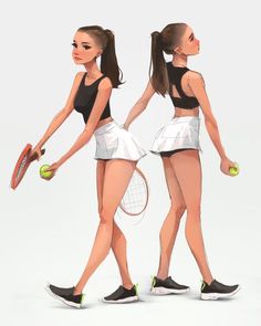 two female tennis players in different poses with rackets and balls