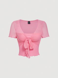 Ladies' Plain Mesh Spliced Tie-Front T-Shirt Pink Casual  Short Sleeve Knitted Fabric Plain  Medium Stretch  Women Clothing, size features are:Bust: ,Length: ,Sleeve Length: Cute Pink Shirts, Shein Shirts, Casual Dresses Plus Size, Pink Shirts, Lit Outfits, Teen Clothes, Rose Bonbon, Dream Outfits