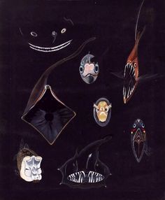 several different types of animal heads on a black background, including fish and other things