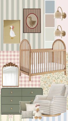 a baby's room is shown in pastel tones and checkered wallpaper